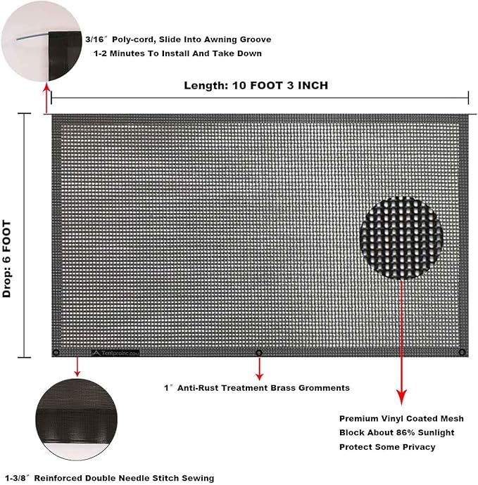 Tentproinc RV Awning Sun Shade Screen 6' X 10' 3'' (Fit for 11' Awning) Mesh Screen Sunshade Motorhome Camping Trailer Awning Screenshade Sunscreen UV SunBlocker - 3 Year Warranty (Black)