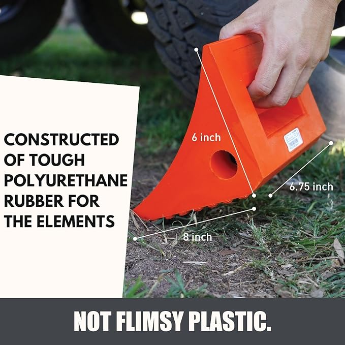 SECURITYMAN 4 Pack Wheel Chocks - Constructed of Heavy Duty Solid Polyurethane Rubber for 20,000 lbs - Great for RV, Camper, Truck, Travel Trailer Wheel Chocks - All Surfaces and All Weather - Orange