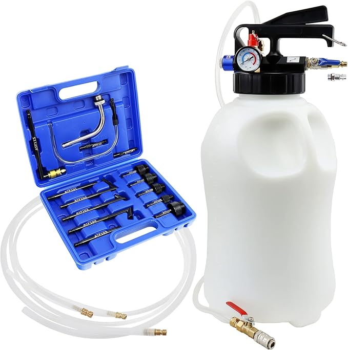 JoyFans 10L Pneumatic Transmission Fluid Pump Extractor and Dispenser, Gearbox Oil Transfer System Refill Fill Evacuator Tool Kit with 15PCS ATF Adapters for Most Garage Shop Vehicles