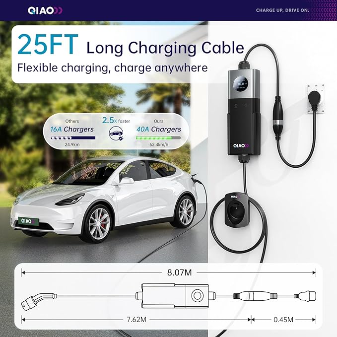 QIAO 40A Portable EV Charger & Mobile EV Charger Level 2, Replaceable Plug (NEMA 14-50 & More), Max 9.6kW Wall-Mount Power, J1772, 25ft Cable, 2.8" LCD for Home & Travel