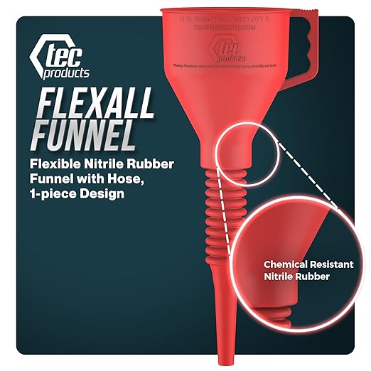 TEC Products FlexAll Long Flexible Funnel for Automotive Use - Durable Nitrile Rubber - Ideal for Car Oil Change, Transmission Funnel Fluid, Diesel, Fuel, Gas - Made in USA - Red (16 x 5 Inches)