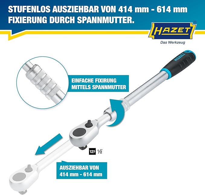 HAZET Hiper Fine-Tooth Reversible Ratchet 916HPLG I 12.5 Mm (1/2 Inch) Square Drive, Small Operating Angle (4 Degrees), With Ball Lock I Extra Long Version, Infinitely Extendable