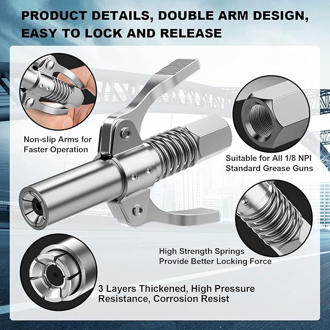 Grease Gun Coupler, Grease Joint Fittings, 12000PSI High Pressure Grease Nozzle Fittings, Compatible With All 1/8" NPT Grease Guns, For greasing all machinery and equipment filling