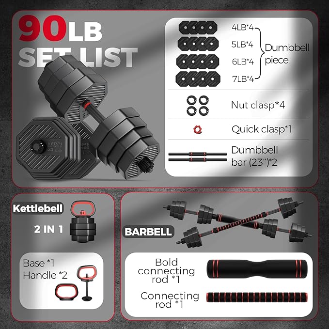 KeppiFitness Adjustable Dumbbell Set, 30/40/50/70/90 lb Weight Set with Connector Bar, 4 in 1 Workout Gear with Dumbbell, Kettlebell, Barbell, Push up Handle for Home Gym Fitness Exercise