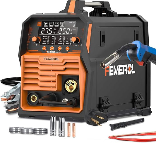 250A MIG Welder,6 in 1 Gas MIG/Gasless Flux Core/Stick/Lift TIG/Spot Welding/Spool Gun Compatible Aluminum Welding Machine Large LED Display 110V/220V Multi Process Welder