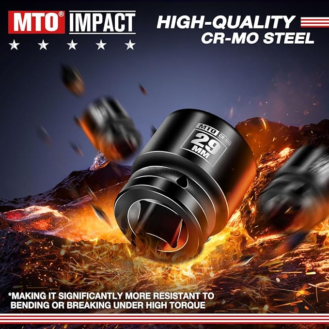 MTO 1/2" Drive 29mm Shallow Impact Socket, 6-Point Metric Socket, CR-MO Steel & Anti-Corrosion Coating for Tight Spaces and Heavy-Duty Tasks