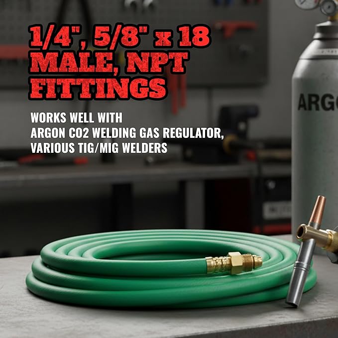 Argon Gas Hose for MIG/TIG Welding Flowmeter 1/4", 5/8"X18 Male, NPT Fittings, Inert Hose (50 Feet) AH-50-G
