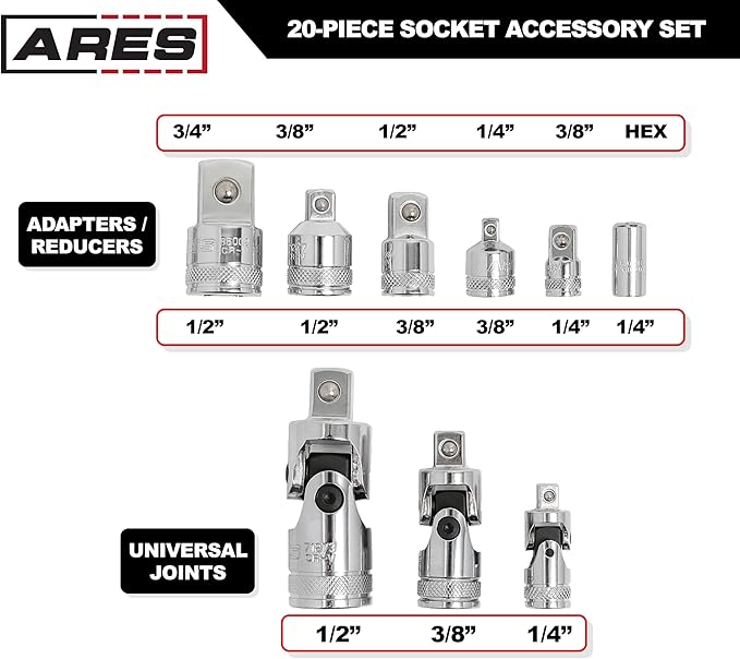 ARES 40003-20-Piece Socket Accessory Set - Premium Chrome Vanadium Steel with Mirror Finish - Includes Socket Adapters, Extensions and Universal Joints