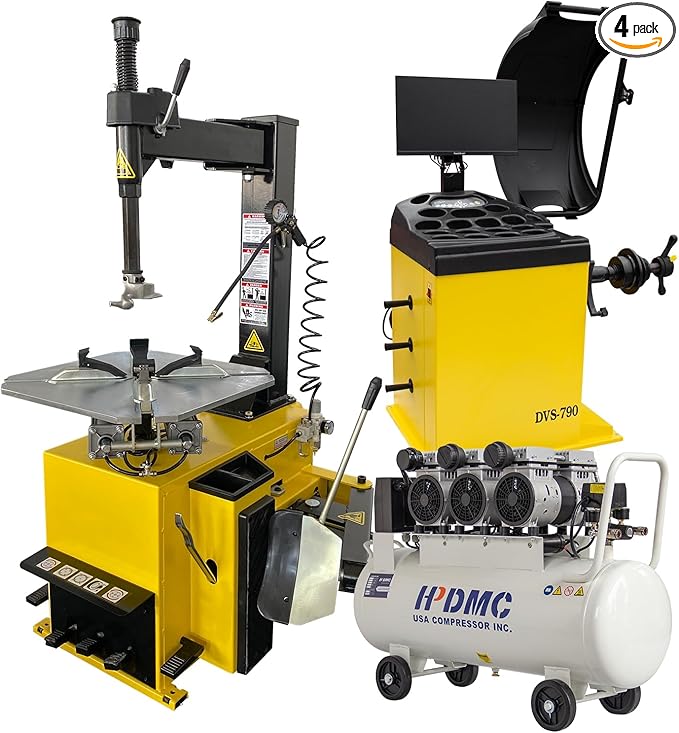24'' Rim 1.5HP Tire Changer and 10''-24'' Rim Tire Balancer Combo and 3HP Oil-Free Air Compressor for Tire Repair and Wheel Balancing Garage Shop Equipment w/ 1 Year Full Warranty