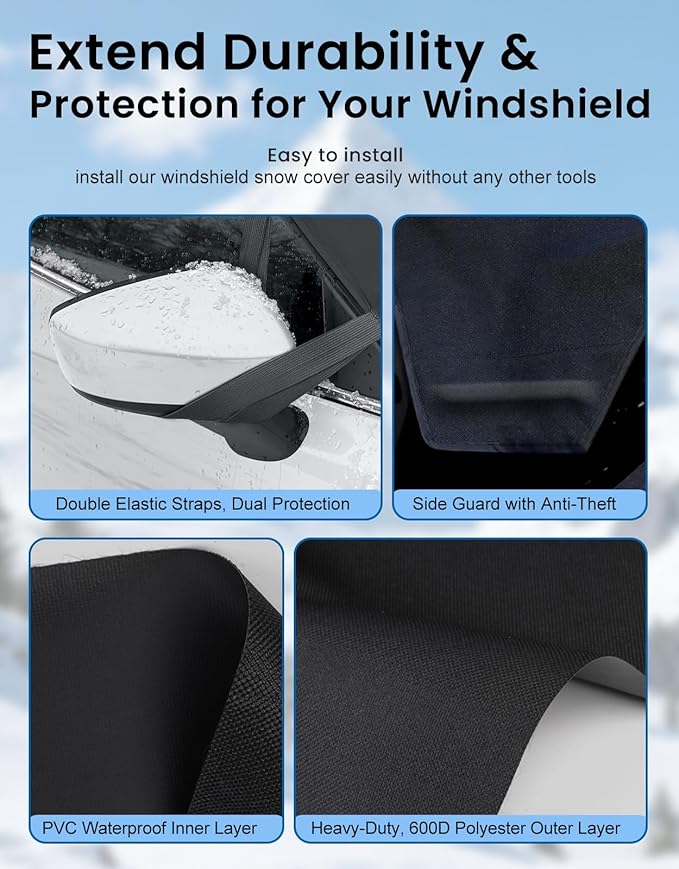 Windshield Cover for Ice and Snow | Heavy Duty 600D Oxford Fabric | Windshield Protector for Cars, SUVs, Trucks | Secure Fit Waterproof Frost Cover | Winter Car Accessories (69 * 42)