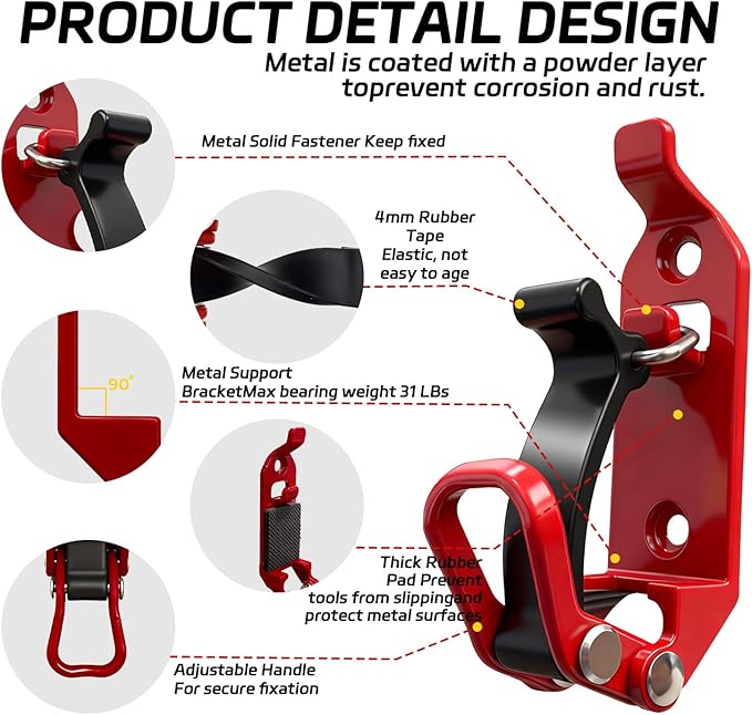 4Pcs Red Car Accessories - Metal Rubber Clamp Wall Mounting Brackets, Quick Release Axe Holder & Shovel Mount for Roof Rack, Truck, Boat, Military Equipment & Tools, Fits 0.67–1.57" Tools