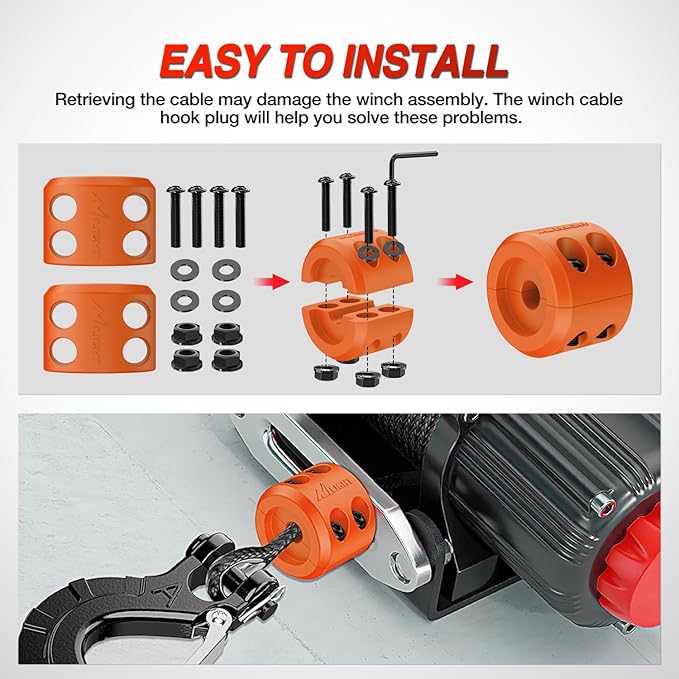 Nilight Winch Stopper for ATV UTV Truck SUV Winch Cable Hook Rubber Stopper 2 Pack Protect Towing Hook Synthetic Rope Winch Accessories Rope Line Saver with Stainless Steel Screws Allen Wrenc, Orange