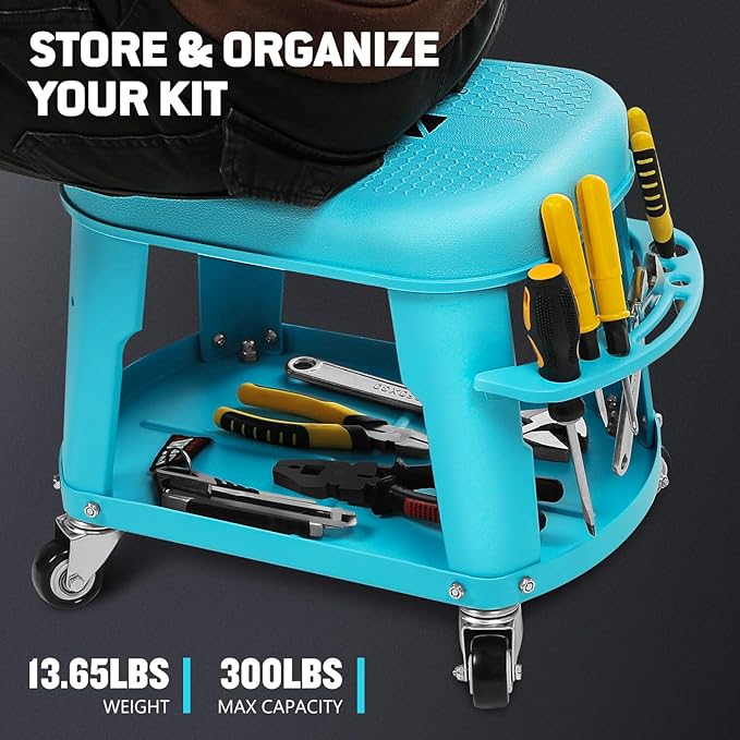 DNA Motoring Removable Rolling Garage Stool with Seat Cushion & Tool Tray Plate, 300lbs Max Weight Capacity, Blue, TOOLS-00479