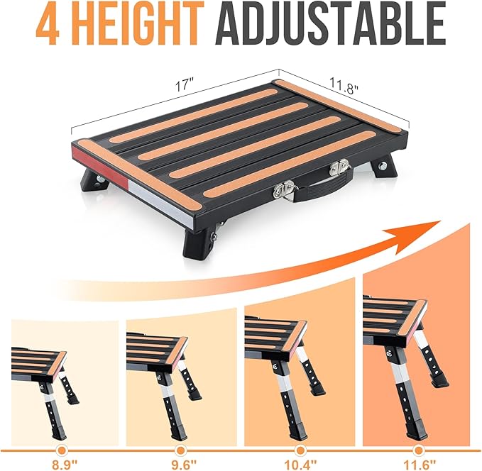 Safety RV Steps, Yagud Height Adjustable Folding Platform Step with 17" X 12" Anti-Slip Surface, Rubber Feet, Handle, Reflective Strips, and T Level, Aluminum RV Step Stool Supports Up to 1000lbs