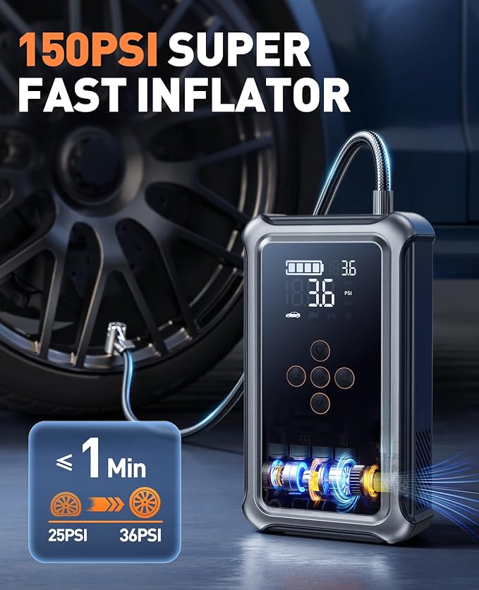 Jump Starter with Air Compressor, 5000A Portable Car Battery Jumper Starter(ALL Gas/10L Diesel) with 150PSI Auto-Shutoff Tire Inflator, 12V Supersafe Lithium Jump Box for Car battery Portable