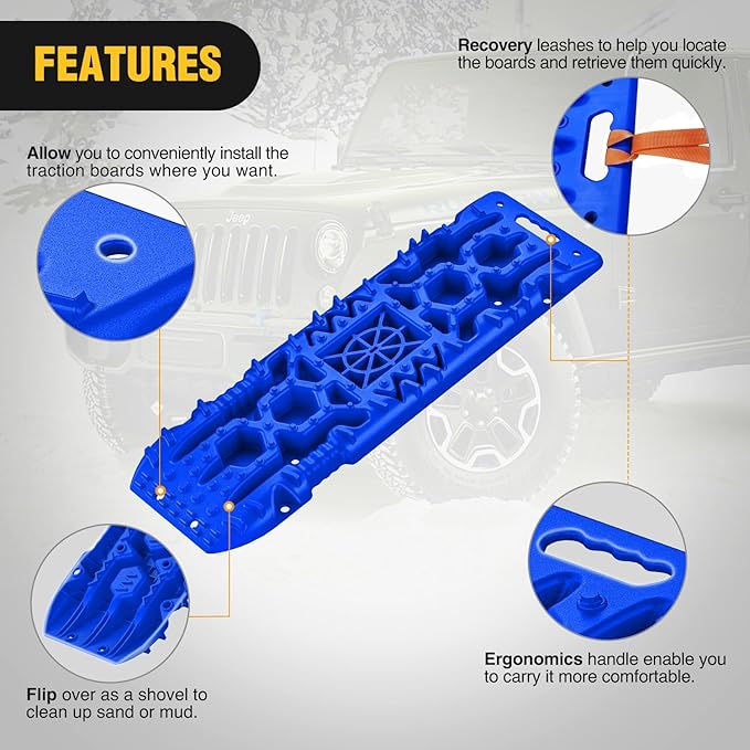 Nilight Recovery Off-road Traction Boards with Jack Lift Base Emergency Tire Ladder Mats For 4WD 4X4 Mud Sand Snow with 2PCS Mounting kit Carry Bag 2 leashes (Blue)