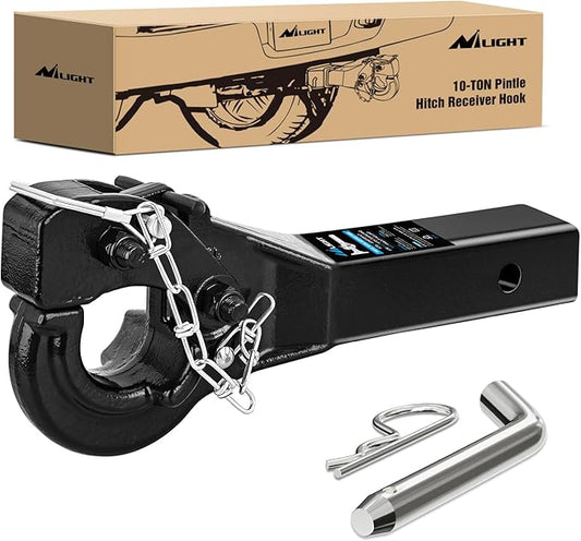 Nilight 10-TON Pintle Hitch for 2-Inch Receiver Hook Military Receiver 20000LBS,Fits 2-1/2 in Lunette Ring, Gloss Black Powder Coat