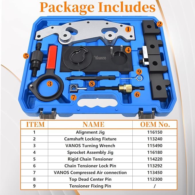 Double Vanos Camshaft Alignment Locking Tool Kit, Compatible with BMW M52, M52TU, M54, M56, 325i, 325xi, 325Ci, 330i, 330xi, 330Ci, 328i, 328Ci, 528i, 525i, 530i, X3 2.5i / 3.0i, with Gloves