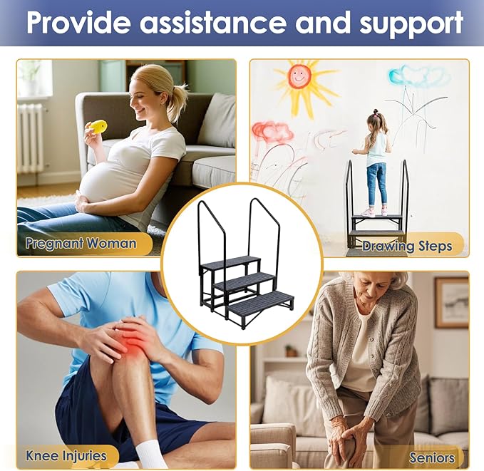 3-Step RV Steps with Dual Handrails – Heavy-Duty RV Stairs for Camper, Hot Tub, Trailer & Porch with Non-Slip Mats