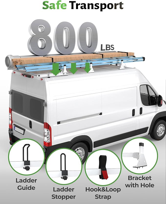 StarONE 57" Heavy Duty Steel Van Roof Rack,Van Ladder Rack with Rear Cargo Roller Fit for 2013-2023 Ram Promaster,White,3 Bars,800lbs