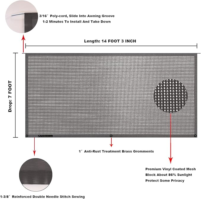Tentproinc RV Awning Sun Shade Screen 7' X 14' 3'' (Fit for 15' Awning) Mesh Sunshade UV Blocker Complete Kits Motorhome Camping Trailer Awning Sunscreen - 3 Year Warranty (Brown)