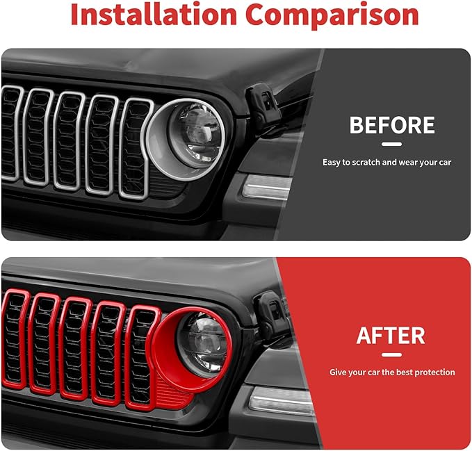 Front Grille Grill Insert+Headlight Turn Light Cover Trim Compatible with 2024-2025+ Jeep Wrangler JL JLU & Gladiator JT Exterior Accessories,Not Fit for JL Sport & Sports (Red)