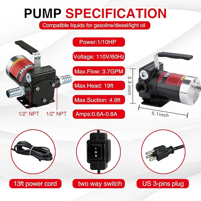 TOPWAY 110V AC Gasoline Fuel Pump 3.7GPM Self-priming Oil Transfer Pump With Handle, Reversible Pumping, Overheat Protection, Explosion-Proof, for Gasoline Fuel Diesel Kerosene Removal