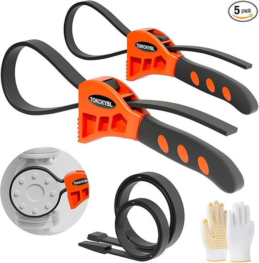2-Piece Heavy-Duty Strap Wrench Set Upgrade – Adjustable Oil Filter Wrench, Reinforced Rubber - Jar Opener, Plumbing Tool for Shower Heads, Water Filters, Pipes (4" to 6" Diameter)