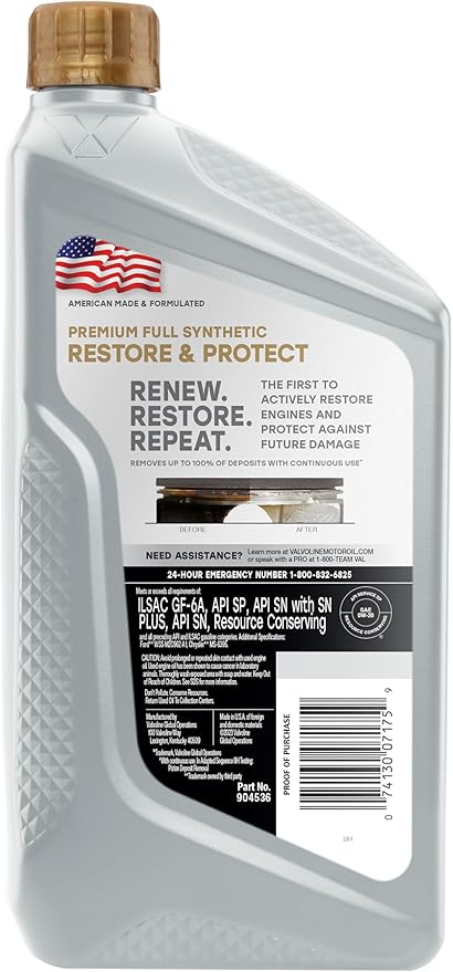 Valvoline Restore & Protect Full Synthetic 0W-20 Motor Oil 1 QT, Case of 6