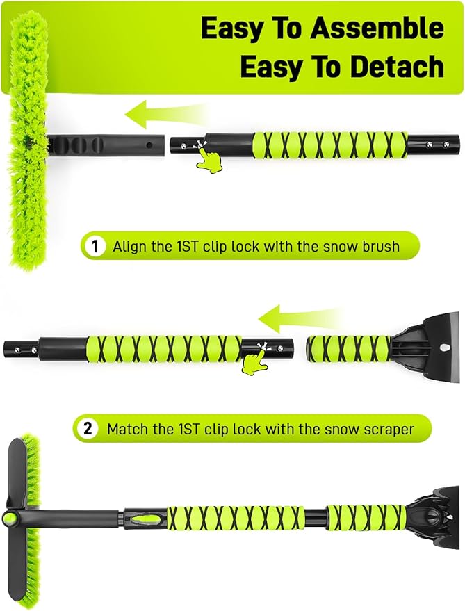 44" Snow Brush and Ice Scraper for Car Windshield, Extendable Snow Brush 360° Rotating Snow Removal Tool with Comfortable Foam Grip for Truck Vehicle Automobile Car (Green)