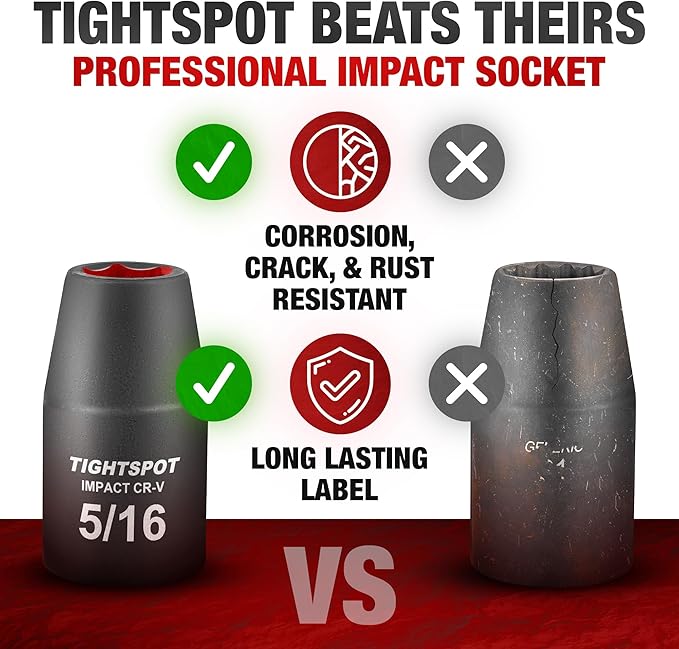 TIGHTSPOT 1/2 Inch Drive - 5/16 Inch Shallow Impact Socket with Anti-Rounding 6 Point Design, Heat-Treated CRV Steel