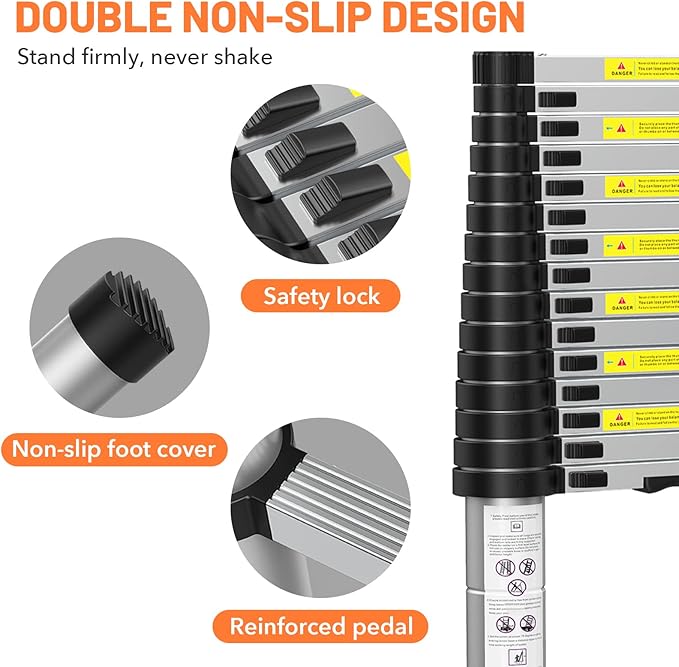 15.5FT Telescoping Ladder, Multi-Purpose Aluminum Extension Ladder with Triangle Stabilizers and Non-Slip Feet, Retractable Extendable Ladder for Home, RV and Outdoor Work Silvery