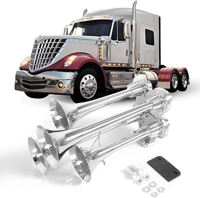 12V/24V Chrome Universal 150DB Super LoudTrain Air Horn Kit, 4 Trumpet Chrome Design for Trucks, Pickups, Cars, and Boats, 11.8/11.8/9/9 inch