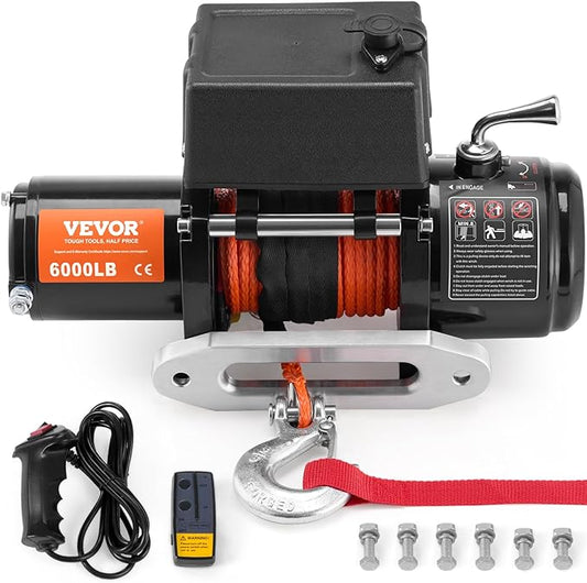 VEVOR Electric Winch, 6000 lb Truck Trailer Winch, 12V DC 1/4 in x 55 ft Synthetic Rope Aluminum Fairlead Wireless & Wired Remote Control, IP55 Waterproof Towing for Off Road SUV ATV UTV Jeep Boat