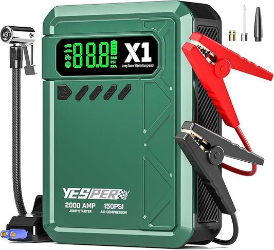 YESPER Jump Starter with Air Compressor 2000A 150PSI Battery Jumper Starter Portable(8L Gas/6L Diesel), 12V Car Jump Pack Battery Charger Jump Box with Jumper Cables, LCD Display, Lights