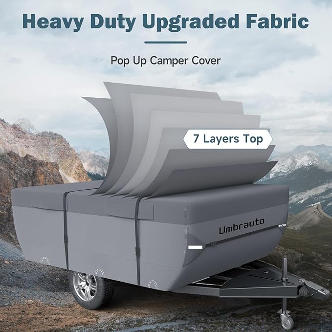 Umbrauto Pop Up Folding Camper Cover Fits 16'-18', Upgraded 7 Layers Top Tent Trailer Cover Waterproof Extra Thick Polypropylene Breathable Ripstop Pop Up Folding Trailer Cover