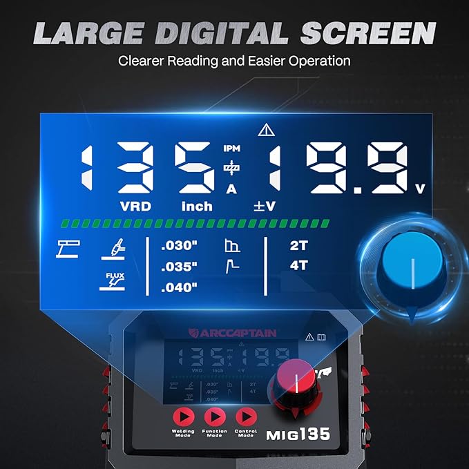 ARCCAPTAIN 135A MIG Welder, 2025 Newest [Large LED Display] 110V Welder Flux Core MIG, Lift TIG, Stick, 3 in 1 Welding Machine Gasless MIG Welder Machine 110V, IGBT Inverter Welder with Synergy, 2T/4T