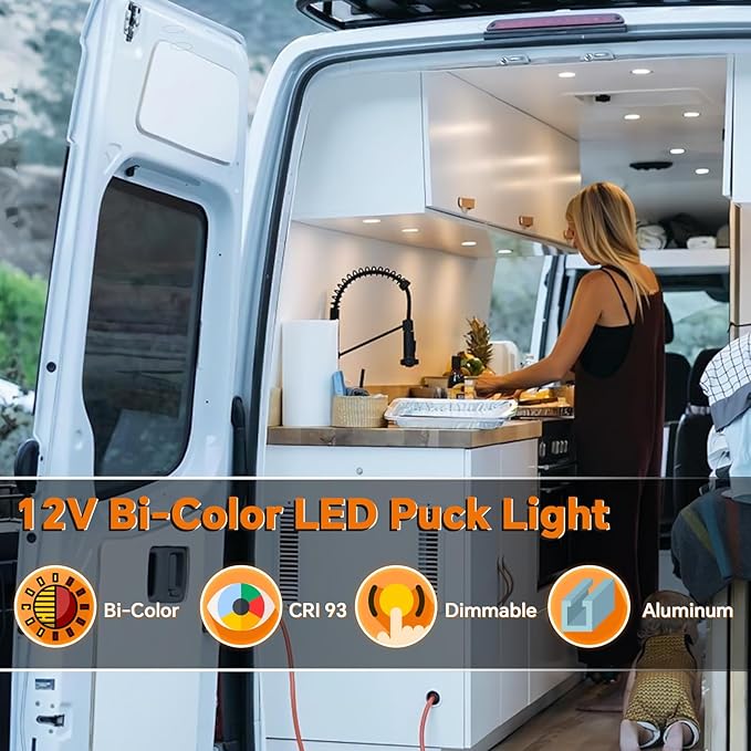 3" LED 12V Push Lights w/Built-in Switch Interior Bi-Color 12 Volt Red LED Puck Light Full Aluminum RV Dimmable Flush Mount Light for Camper, Boat, Trailer 4Pcs (Silver, Cool White)
