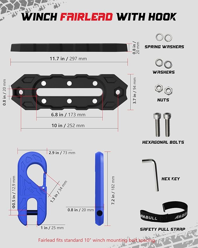 Towing Winch Fairleads with Tow Hook, Upgrade Al Hawse Fairlead with G80 Heavy Duty Forged Steel Winch Hook for Electric Winch, 33000lb Break Strength, for Synthetic Rope Recorvery, BlackBlue