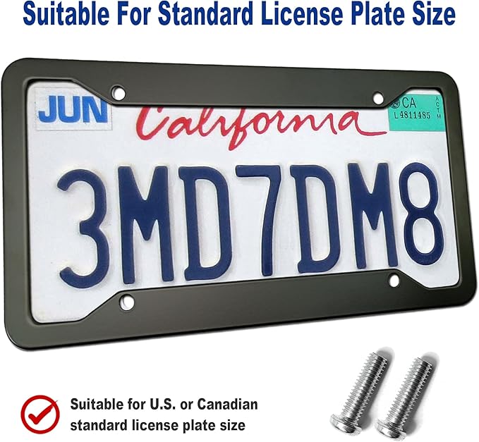BGGTMO Matte Black Aluminum License Plate Frames- 2 Pack Heavy Duty Car Tag Cover for Front & Rear, 4 Hole Rust Proof Universal Holder, Mount Screws Caps, Inserts, Rattle Proof Pads