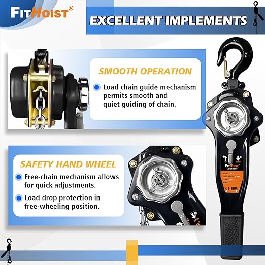 1 Ton Chain Hoist 2200LBS Capacity 10Ft Lift Manual Lever Chain Hoist Manganese Steel G80 Chain w/ 2 Heavy Duty Hooks, for Open-Air and Confined Space Lifting