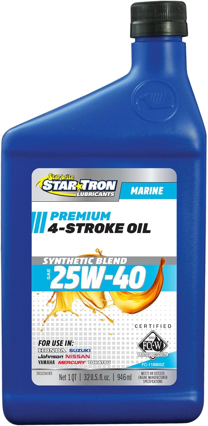 STAR BRITE Star Tron Premium 4 Stroke Marine Oil - 25W-40 Synthetic Blend Engine Oil for Outboards, Gasoline Inboards & Stern Drives - NMMA FC-W Certified, 32 OZ (028332)