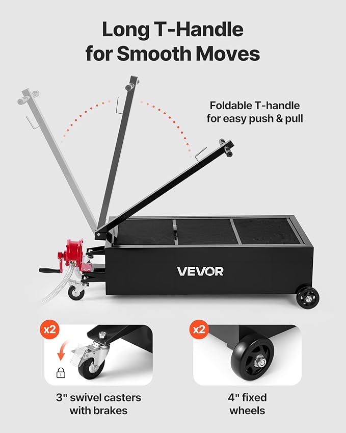 VEVOR Low Profile Oil Drain Pan, 25 Gallon Capacity, Rolling Oil Drain Pan with Manual Pump, 7.2 ft Hose & T Folding Handle, Leak-Proof & Corrosion-Resistant, Fit for Cars, SUVs, Trucks, ATVs, Black