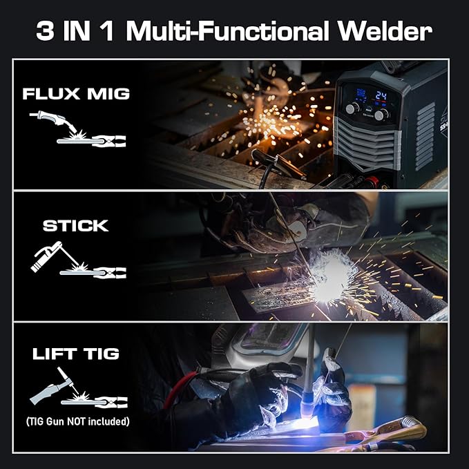 MIG Welder, 140A 110V Flux Core/Stick/Lift TIG 3 in 1 MIG Welding Machine, Gasless MIG with IGBT Inverter Synergic Control, Digital Screen Display, Over Loading Protection Beginner Friendly