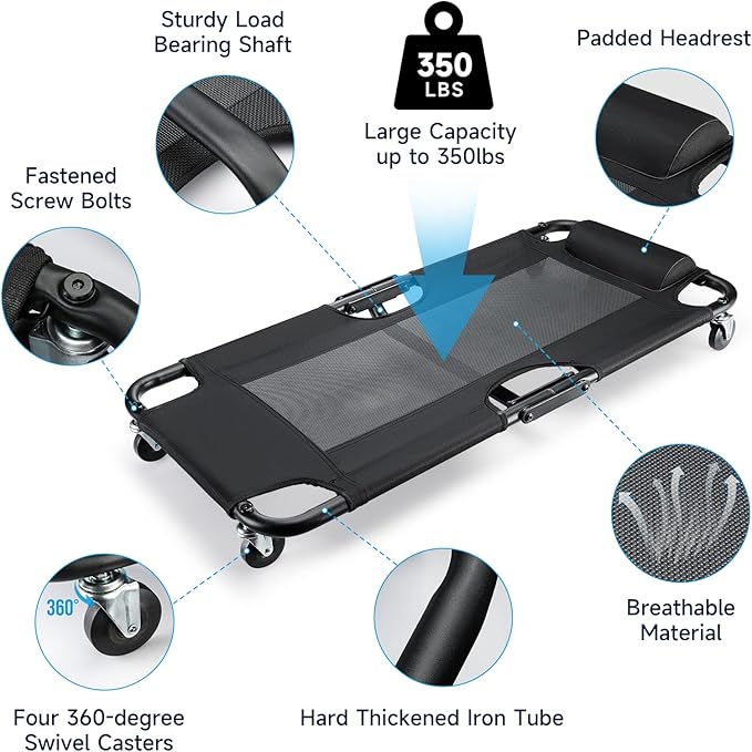 WORKPRO Foldable Mesh Creeper, 40-Inch Automotive Creeper with Padded Headrest and 4 Caster Wheels, 350 Lbs Capacity Rolling Garage Creeper, Black