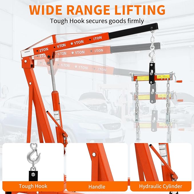 2-Ton Folding Engine Hoist Cherry Picker 4400 Lb Capacity Hydraulic Shop Crane with Telescoping Boom 6 Caster Wheels for Automotive Repair (Yellow, Engine Hoist with Leveler)