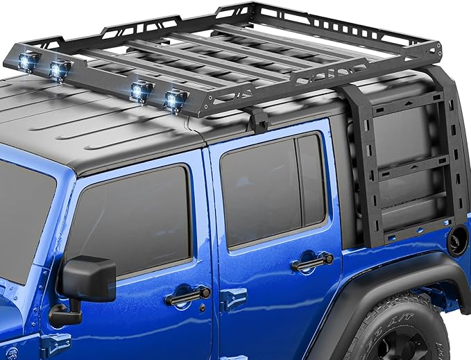 for JK JKU Hard Top Roof Rack Cargo Basket with Ladder & LED Light Bars Compatible with 2007-2018 Jeep Wrangler JK JKU 4 Door Hardtop, Cargo Carrier Rooftop Luggage Storage Holder