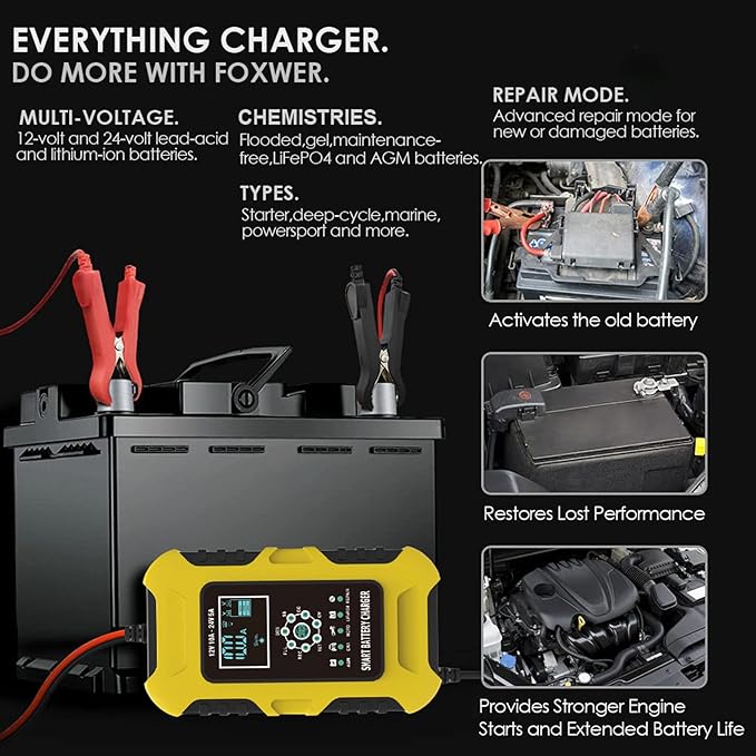 10-Amp Motorcycle & Car Battery Charger,12V and 24V Pulse Repair Charger,Trickle Battery Quick Charger & Maintainer for Truck ATV Lawn Mower Tractor SLA AGM Gel Wet Lead-Acid LiFePO4 Battery