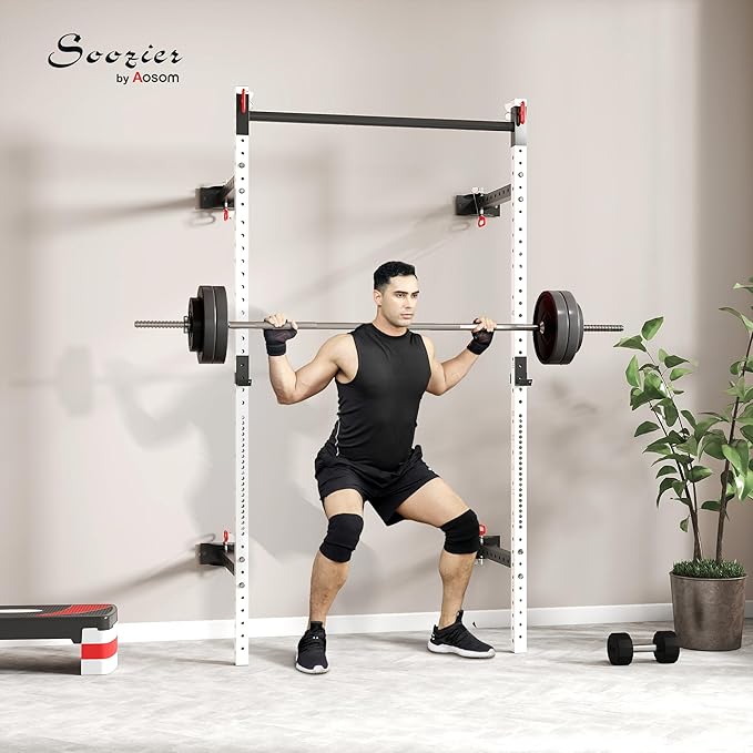 Soozier Folding Squat Rack with Adjustable Pull-Up Bar, 1000 Pounds Capacity Wall Mounted Power Rack, Adjustable Barbell Rack with J Hooks for Home Gym Full Body Workout