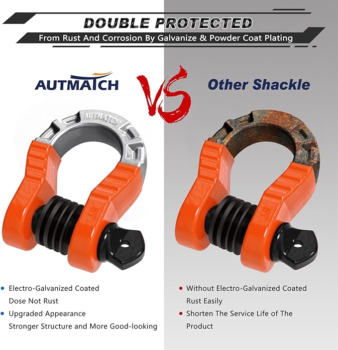 AUTMATCH D Ring Shackles 3/4" Mega Shackle (2 Pack) 68,000Ibs Break Strength - Heavy Duty Clevis Shackles with 7/8" Screw Pin and Isolator Washer for Tow Strap Winch Off Road Vehicle Recovery, Orange
